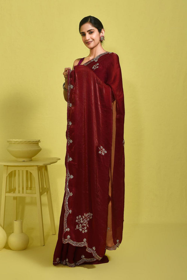 Maroon Floral Embroidered Satin Saree (RDTMMQ6B3713)