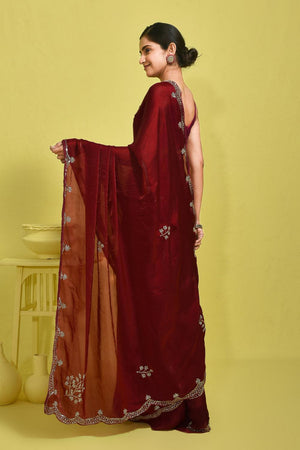 Maroon Floral Embroidered Satin Saree (RDTMMQ6B3713)