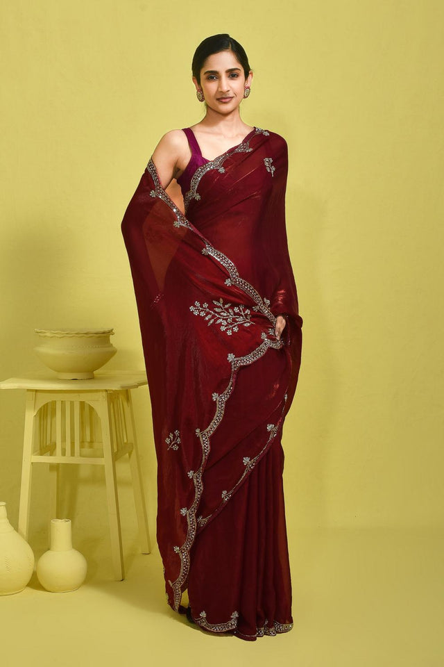 Maroon Floral Embroidered Satin Saree (RDTMMQ6B3713)