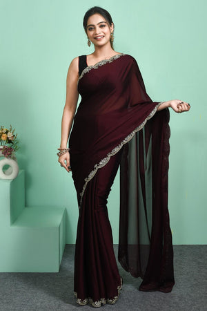 Maroon Beads & Stone Embossed Satin Saree (RDTMMS6C3804)
