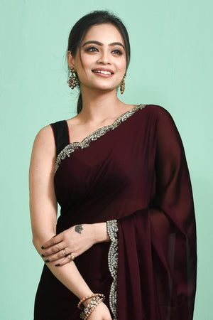 Maroon Beads & Stone Embossed Satin Saree (RDTMMS6C3804)