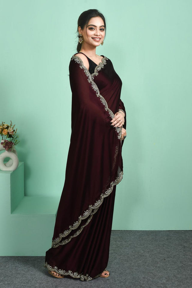 Maroon Beads & Stone Embossed Satin Saree (RDTMMS6C3804)