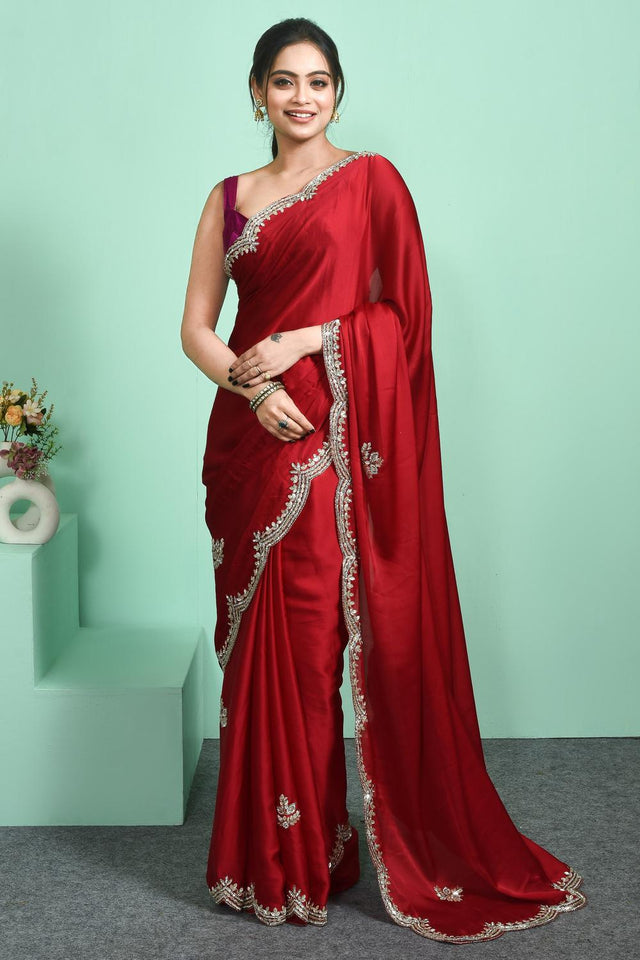 Maroon Beads Embossed Satin Saree (RDTMMY6C3815)