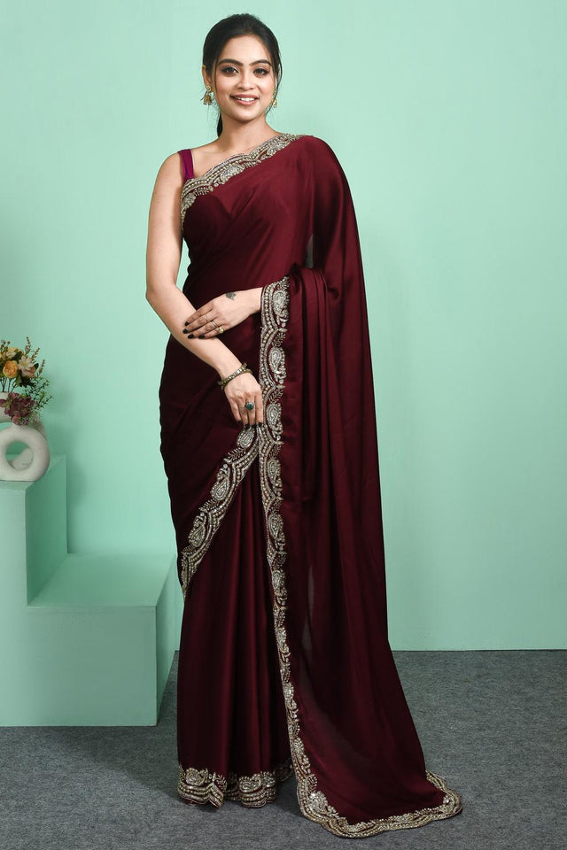 Maroon Sequin & Beads Embossed Satin Saree (RDTMMZ6C3821)
