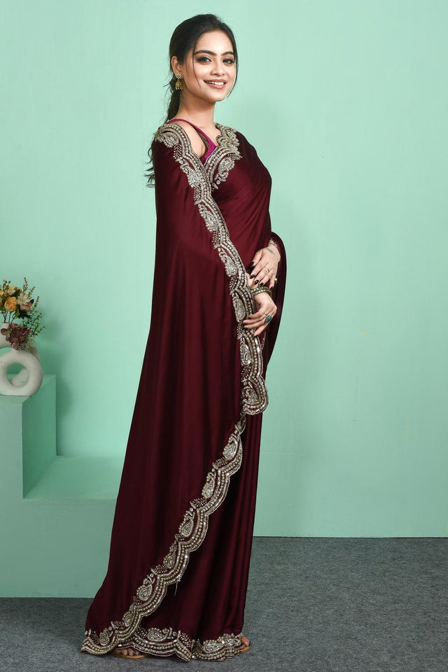 Maroon Sequin & Beads Embossed Satin Saree (RDTMMZ6C3821)