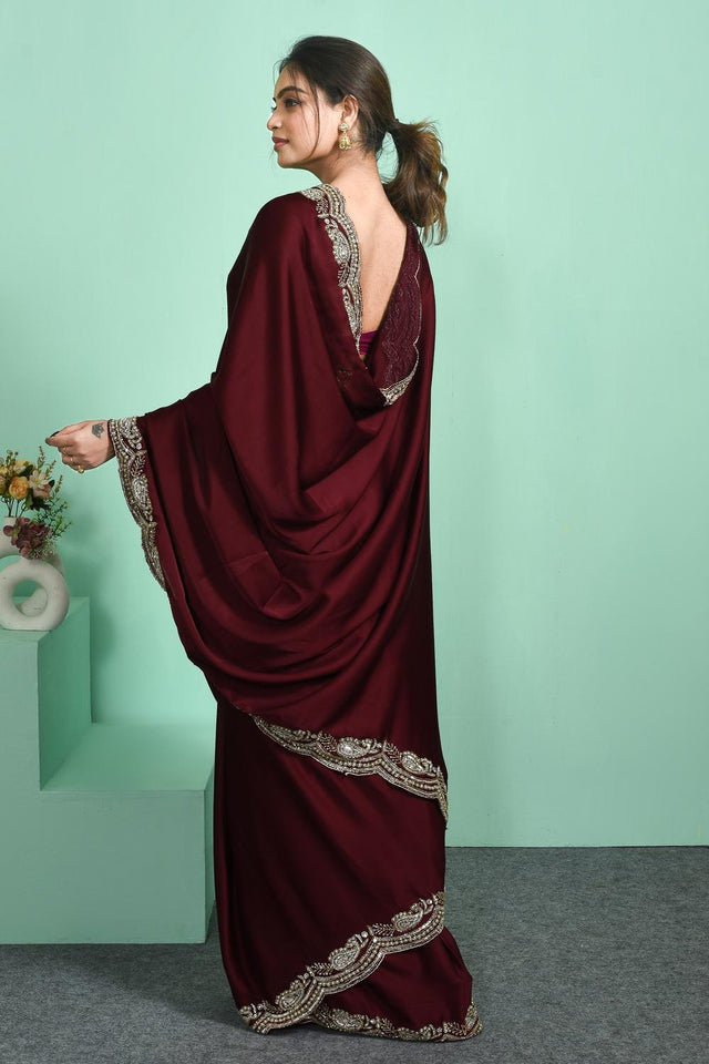 Maroon Sequin & Beads Embossed Satin Saree (RDTMMZ6C3821)