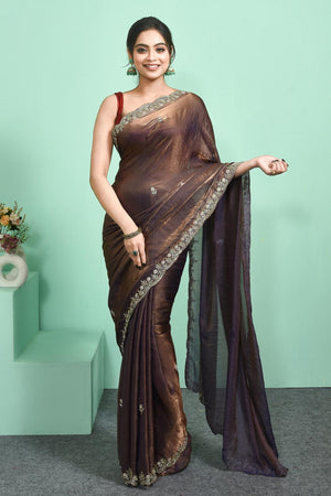 Brown Beads Embossed Satin Saree (RDTNNV6C3828)