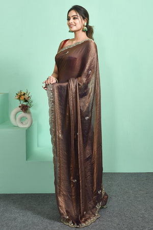 Brown Beads Embossed Satin Saree (RDTNNV6C3828)