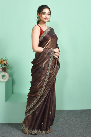 Brown Beads Embossed Satin Saree (RDTNNV6C3828)