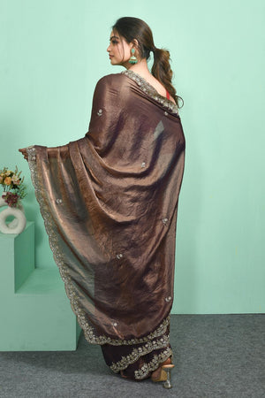 Brown Beads Embossed Satin Saree (RDTNNV6C3828)