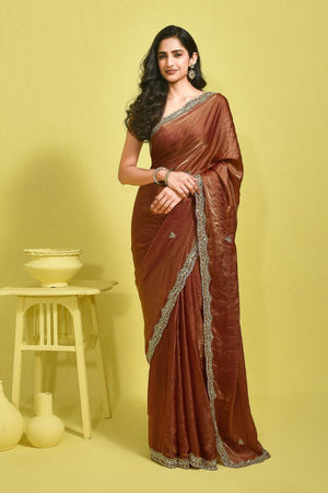 Brown Embroidered Satin Saree (RDTNNY6B3711)