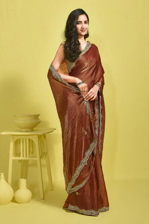 Brown Embroidered Satin Saree (RDTNNY6B3711)
