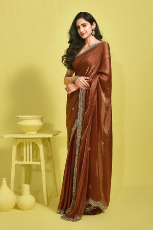 Brown Embroidered Satin Saree (RDTNNY6B3711)