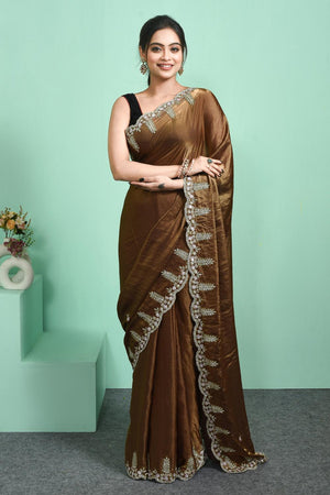 Brown Beads & Stone Embossed Satin Saree (RDTNNZ6C3801)