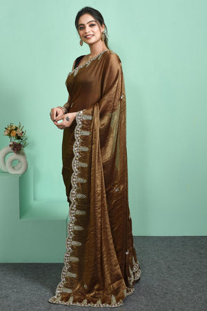 Brown Beads & Stone Embossed Satin Saree (RDTNNZ6C3801)