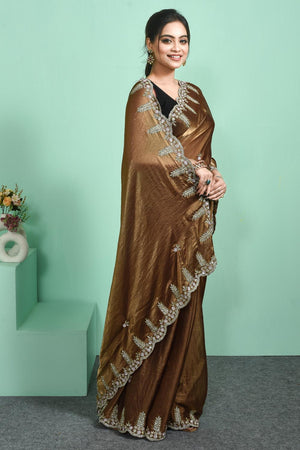 Brown Beads & Stone Embossed Satin Saree (RDTNNZ6C3801)