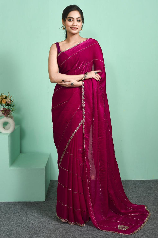 Pink Beads Embossed Satin Saree (RDTPPN6C3827)
