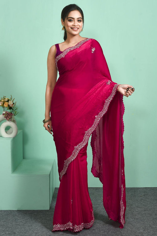 Pink Sequin & Beads Embossed Satin Saree (RDTPPV6C3813)