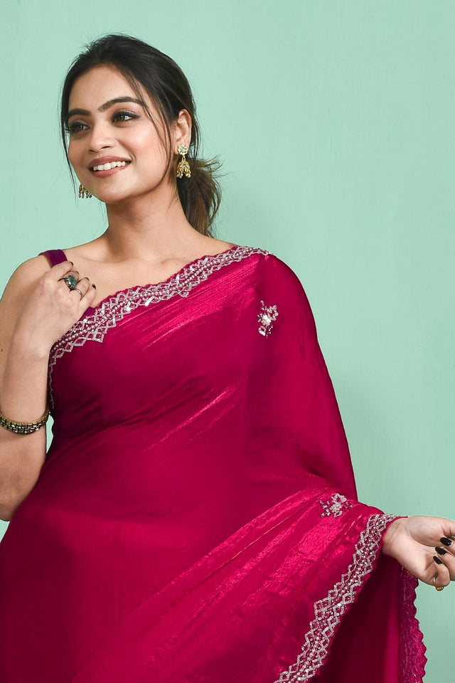 Pink Sequin & Beads Embossed Satin Saree (RDTPPV6C3813)