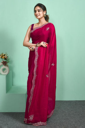 Pink Sequin & Beads Embossed Satin Saree (RDTPPV6C3813)