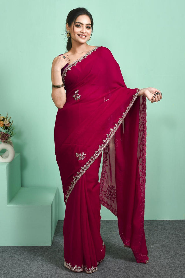 Pink Sequin & Stone Embossed Satin Saree (RDTPPV6C3818)