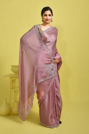 Pink Beads & Stone Embossed Satin Saree (RDTPPZ6B3736)