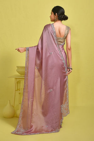 Pink Beads & Stone Embossed Satin Saree (RDTPPZ6B3736)