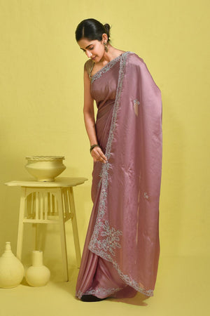 Pink Beads & Stone Embossed Satin Saree (RDTPPZ6B3736)