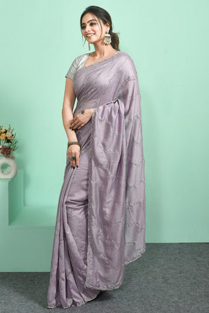 Violet Beads Embossed Satin Saree (RDTQQL6C3837)