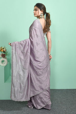 Violet Beads Embossed Satin Saree (RDTQQL6C3837)