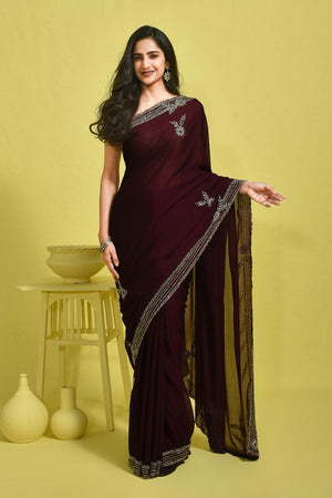 Violet Floral Embroidered Satin Saree (RDTQQT6B3712)