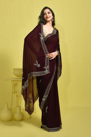 Violet Floral Embroidered Satin Saree (RDTQQT6B3712)