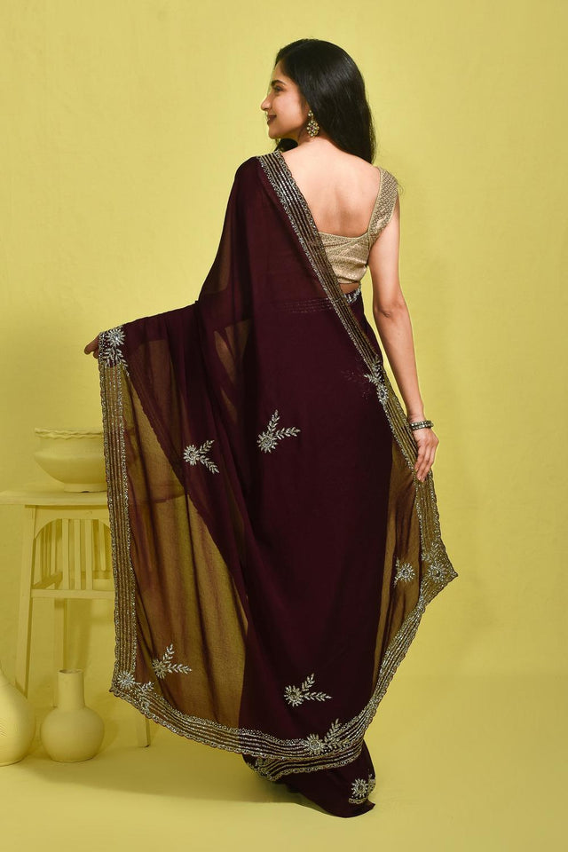 Violet Floral Embroidered Satin Saree (RDTQQT6B3712)