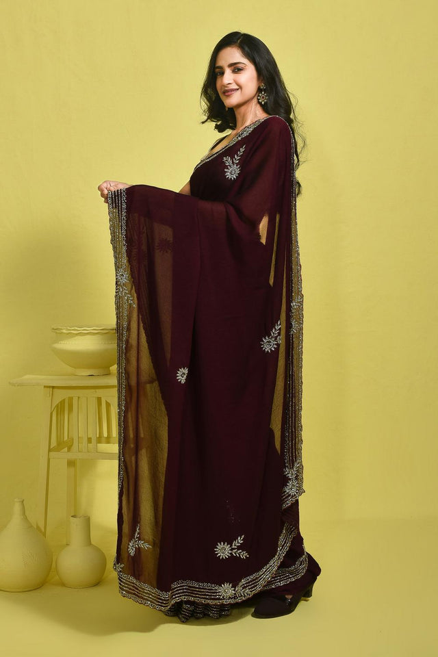 Violet Floral Embroidered Satin Saree (RDTQQT6B3712)