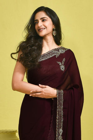 Violet Floral Embroidered Satin Saree (RDTQQT6B3712)