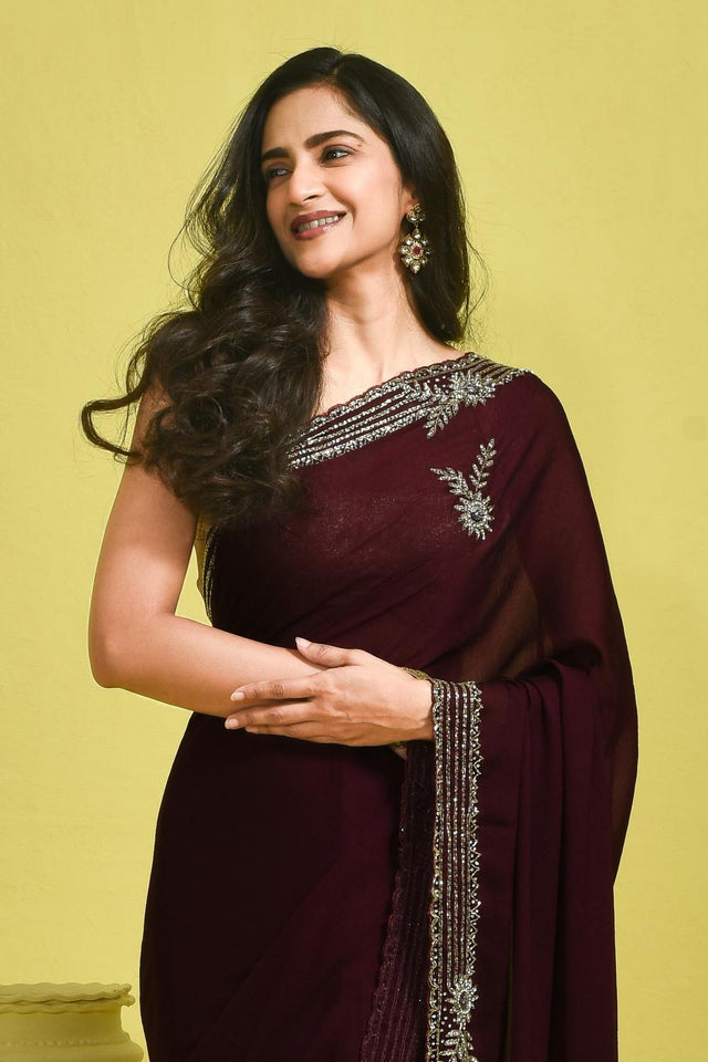 Violet Floral Embroidered Satin Saree (RDTQQT6B3712)