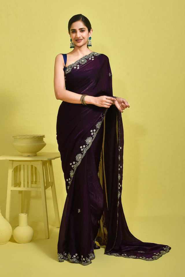 Violet Sequin with Embroidered Satin Saree (RDTQQW6B3739)