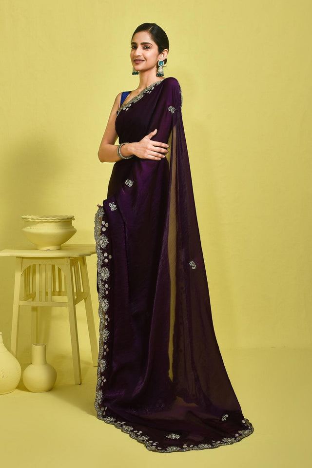 Violet Sequin with Embroidered Satin Saree (RDTQQW6B3739)