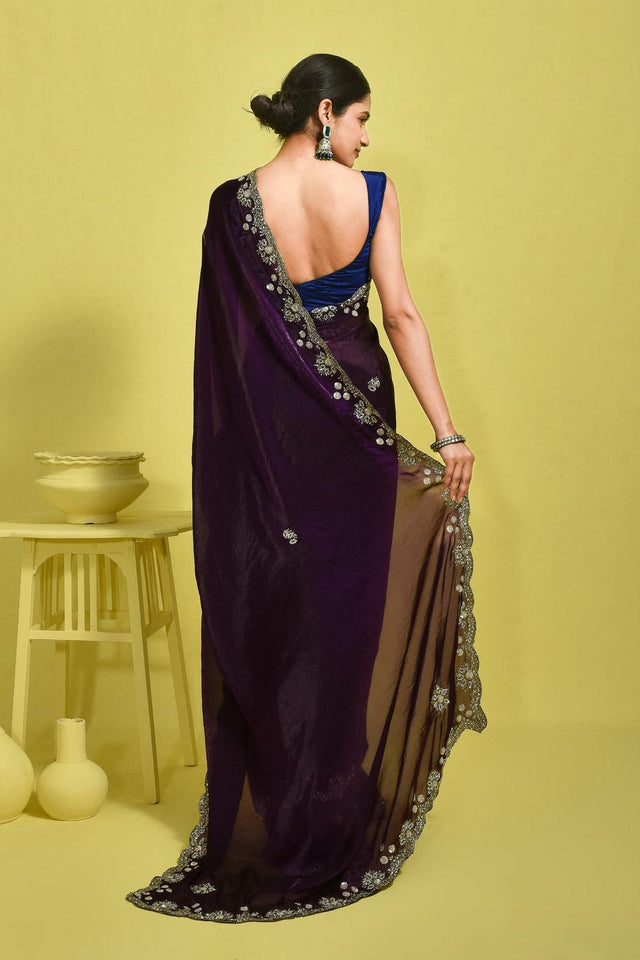 Violet Sequin with Embroidered Satin Saree (RDTQQW6B3739)