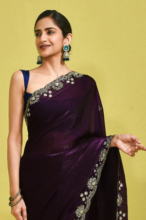 Violet Sequin with Embroidered Satin Saree (RDTQQW6B3739)
