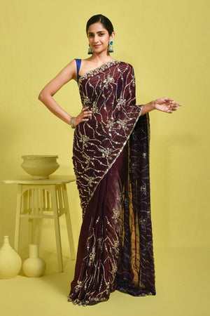 Violet Floral Embroidered Satin Saree (RDTQQZ6B3715)