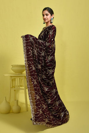 Violet Floral Embroidered Satin Saree (RDTQQZ6B3715)