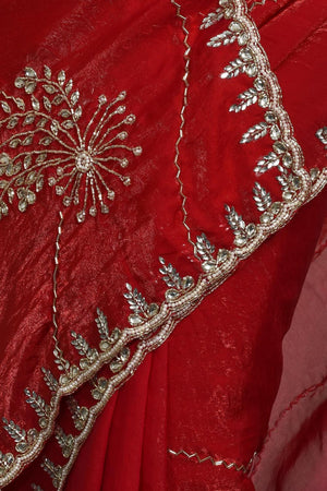 Red Beads & Stone Embossed Satin Saree (RDTRRO6C3814)