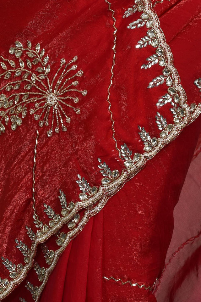 Red Beads & Stone Embossed Satin Saree (RDTRRO6C3814)