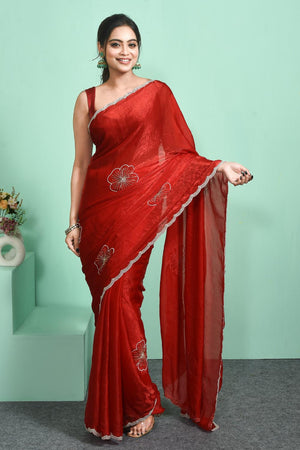 Red Beads Embossed Satin Saree (RDTRRP6C3831)