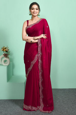Red Sequin & Beads Embossed Satin Saree (RDTRRT6C3826)