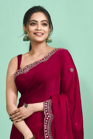 Red Sequin & Beads Embossed Satin Saree (RDTRRT6C3826)