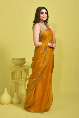 Yellow Beads & Stone Embossed Satin Saree (RDTYYN6C3785)