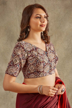 Beige Cotton Printed Elbow Sleeves Blouse