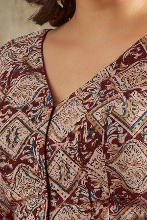 Beige Cotton Printed Elbow Sleeves Blouse
